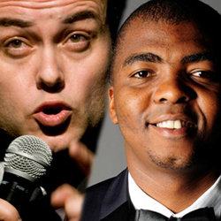 Barely Legal: The 18-Year-Old Democracy. Image shows from L to R: Dave Levinsohn, Loyiso Gola. Copyright: BBC. Barely Legal: The 18-Year-Old Democracy. Image shows from L to R: Dave Levinsohn, Loyiso Gola. Copyright: BBC.