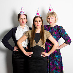 Birthday Girls: 2053. Image shows from L to R: Rose Johnson, Camille Ucan, Beattie Edmondson. Birthday Girls: 2053. Image shows from L to R: Rose Johnson, Camille Ucan, Beattie Edmondson.