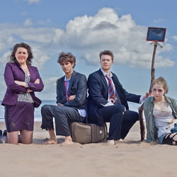 Holes by Tom Basden. Image shows from L to R: Katy Wix, Mathew Baynton, Daniel Rigby, Bebe Cave. Copyright: BBC. Holes by Tom Basden. Image shows from L to R: Katy Wix, Mathew Baynton, Daniel Rigby, Bebe Cave. Copyright: BBC.