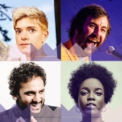 Show And Tell at The Queen's Hall. Image shows from L to R: Mae Martin, David O'Doherty, Nish Kumar, Lolly Adefope. Show And Tell at The Queen's Hall. Image shows from L to R: Mae Martin, David O'Doherty, Nish Kumar, Lolly Adefope.