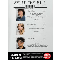 Split The Bill - Claire Haus, Suzie Preece and Josh Weller. Image shows from L to R: Suzie Preece, Claire Haus, Josh Weller. Split The Bill - Claire Haus, Suzie Preece and Josh Weller. Image shows from L to R: Suzie Preece, Claire Haus, Josh Weller.