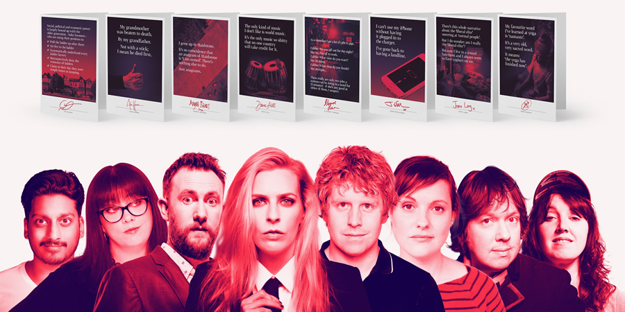 Arc Christmas Cards 2017. Image shows from L to R: Ahir Shah, Angela Barnes, Alex Horne, Sara Pascoe, Josh Widdicombe, Josie Long, Dave Hill, Eleanor Tiernan. Arc Christmas Cards 2017. Image shows from L to R: Ahir Shah, Angela Barnes, Alex Horne, Sara Pascoe, Josh Widdicombe, Josie Long, Dave Hill, Eleanor Tiernan.