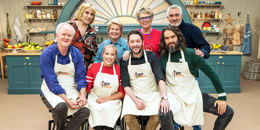 The Great Celebrity Bake Off for Stand Up to Cancer 2019. Image shows from L to R: John Lithgow, Noel Fielding, Hannah Cockroft, Sandi Toksvig, Jon Richardson, Prue Leith, Russell Brand, Paul Hollywood. Copyright: Channel 4 Television Corporation. The Great Celebrity Bake Off for Stand Up to Cancer 2019. Image shows from L to R: John Lithgow, Noel Fielding, Hannah Cockroft, Sandi Toksvig, Jon Richardson, Prue Leith, Russell Brand, Paul Hollywood. Copyright: Channel 4 Television Corporation.