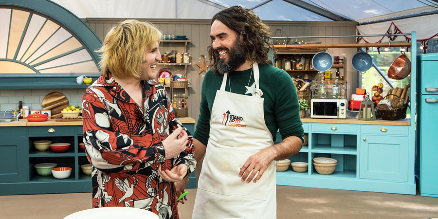 The Great Celebrity Bake Off for Stand Up to Cancer 2019. Image shows from L to R: Noel Fielding, Russell Brand. Copyright: Channel 4 Television Corporation. The Great Celebrity Bake Off for Stand Up to Cancer 2019. Image shows from L to R: Noel Fielding, Russell Brand. Copyright: Channel 4 Television Corporation.