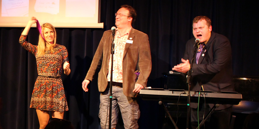 Rachel Parris receives the Bath Plug from award organisers Nick Steel (Bath Comedy Festival Director) and Jem Roberts (comedy historian and author). Image shows from L to R: Rachel Parris, Nick Steel, Jem Roberts. Rachel Parris receives the Bath Plug from award organisers Nick Steel (Bath Comedy Festival Director) and Jem Roberts (comedy historian and author). Image shows from L to R: Rachel Parris, Nick Steel, Jem Roberts.