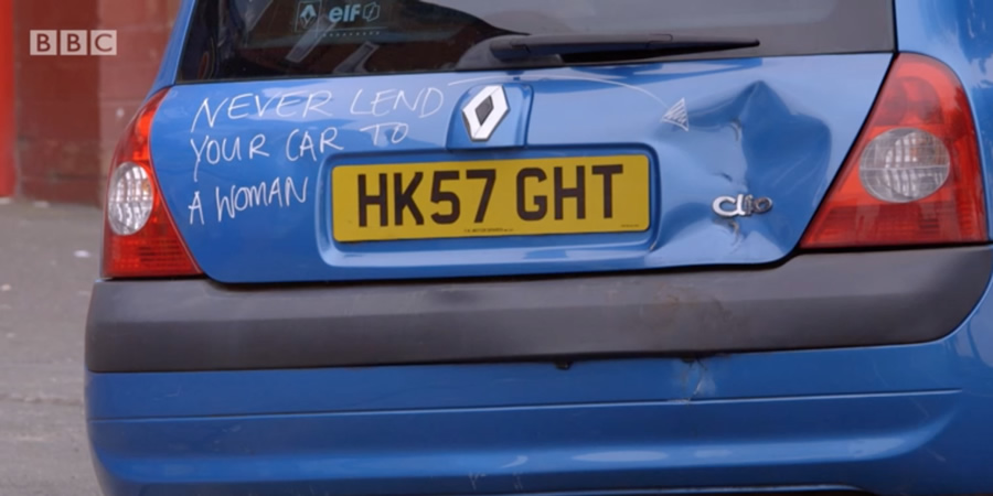 Never lend your car to a woman... with an arrow pointing to a dent. Never lend your car to a woman... with an arrow pointing to a dent.