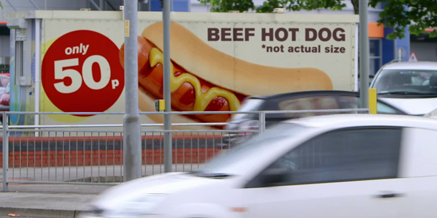 '50p Beef Hot Dog (* not actual size)' poster. '50p Beef Hot Dog (* not actual size)' poster.