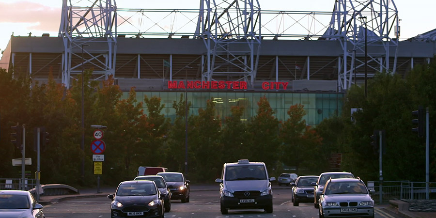 Old Trafford with Manchester City written on it. Old Trafford with Manchester City written on it.
