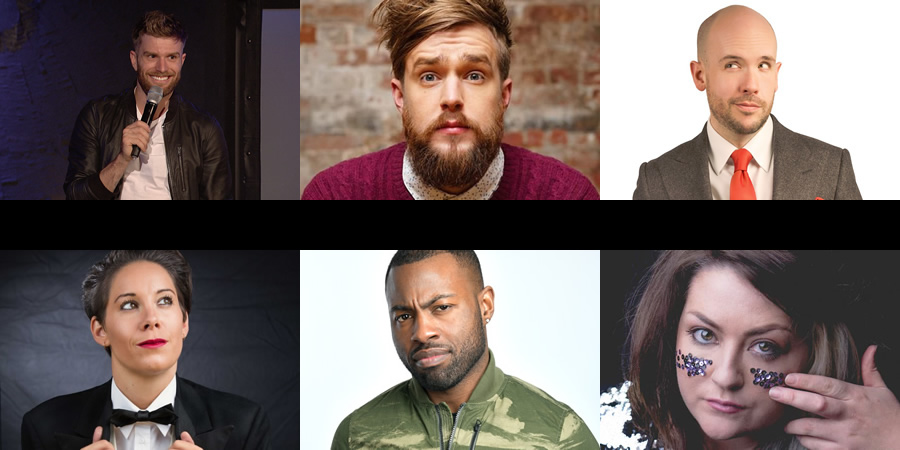 Image shows from L to R: Joel Dommett, Iain Stirling, Tom Allen, Suzi Ruffell, Darren Harriott, Kiri Pritchard-McLean. Image shows from L to R: Joel Dommett, Iain Stirling, Tom Allen, Suzi Ruffell, Darren Harriott, Kiri Pritchard-McLean.