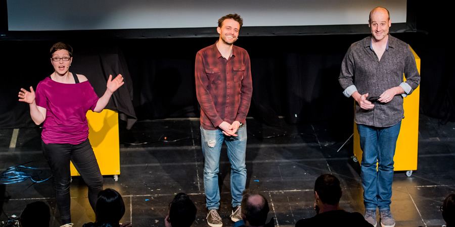 Festival Of The Spoken Nerd. Image shows from L to R: Helen Arney, Steve Mould, Matt Parker. Copyright: Mihaela Bodlovic. Festival Of The Spoken Nerd. Image shows from L to R: Helen Arney, Steve Mould, Matt Parker. Copyright: Mihaela Bodlovic.