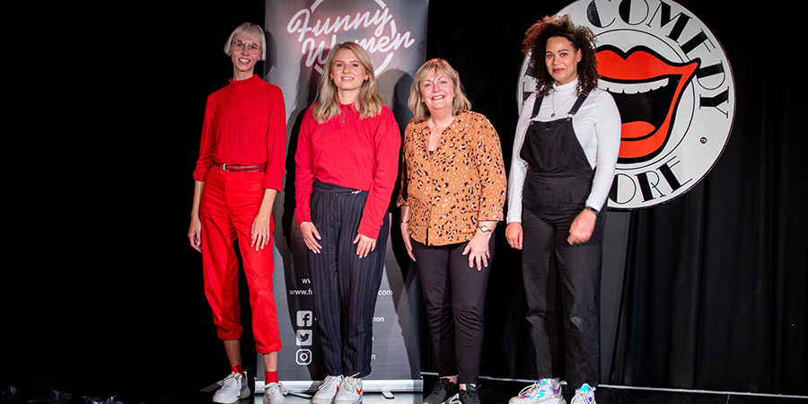 Funny Women Stage Award 2020 finalists with Lynne Parker. Image shows from L to R: Eryn Tett, Izzy Askwith, Lynne Parker, Mary O'Connell. Funny Women Stage Award 2020 finalists with Lynne Parker. Image shows from L to R: Eryn Tett, Izzy Askwith, Lynne Parker, Mary O'Connell.