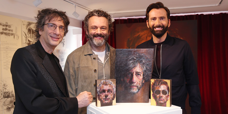 Good Omens. Image shows from L to R: Neil Gaiman, Aziraphale (Michael Sheen), Crowley (David Tennant). Good Omens. Image shows from L to R: Neil Gaiman, Aziraphale (Michael Sheen), Crowley (David Tennant).