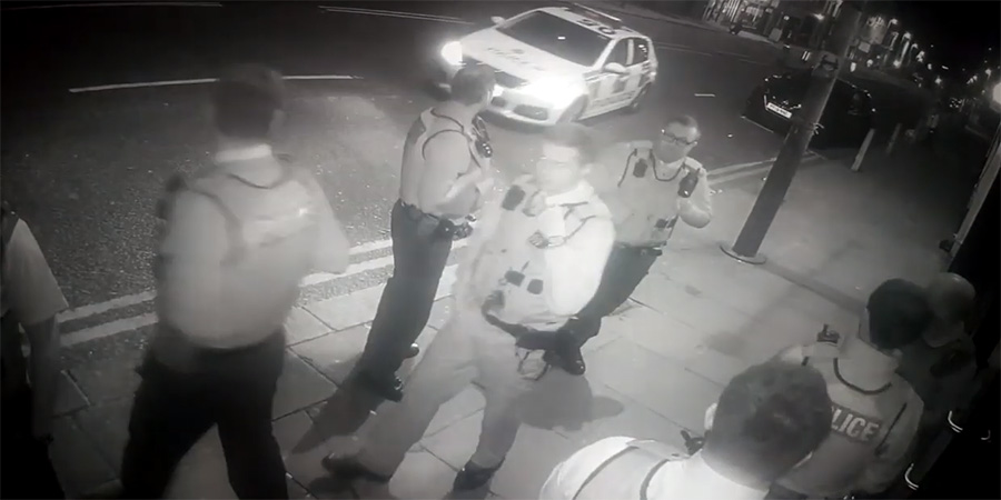 CCTV footage of police arriving at Hot Water Comedy Club. CCTV footage of police arriving at Hot Water Comedy Club.