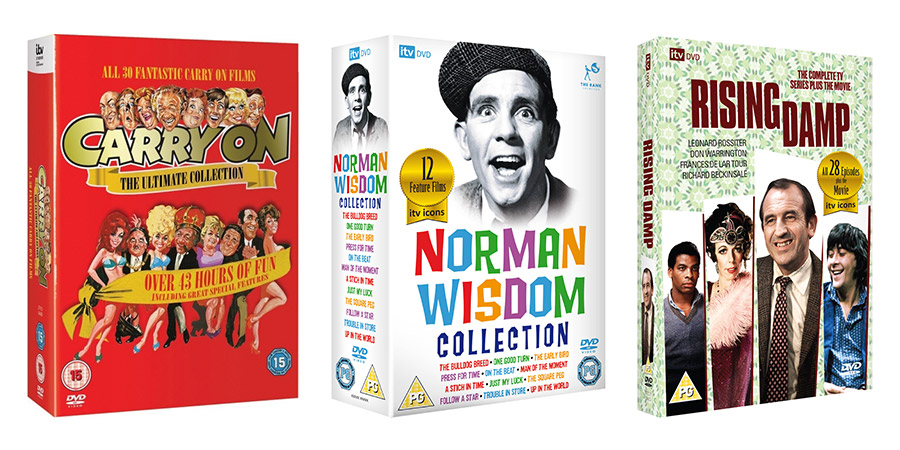 ITV DVD box sets: Carry On - The Ultimte Collection; Norman Wisdom Collection; Rising Damp - The Complete TV Series Plus The Movie. Copyright: ITV. ITV DVD box sets: Carry On - The Ultimte Collection; Norman Wisdom Collection; Rising Damp - The Complete TV Series Plus The Movie. Copyright: ITV.