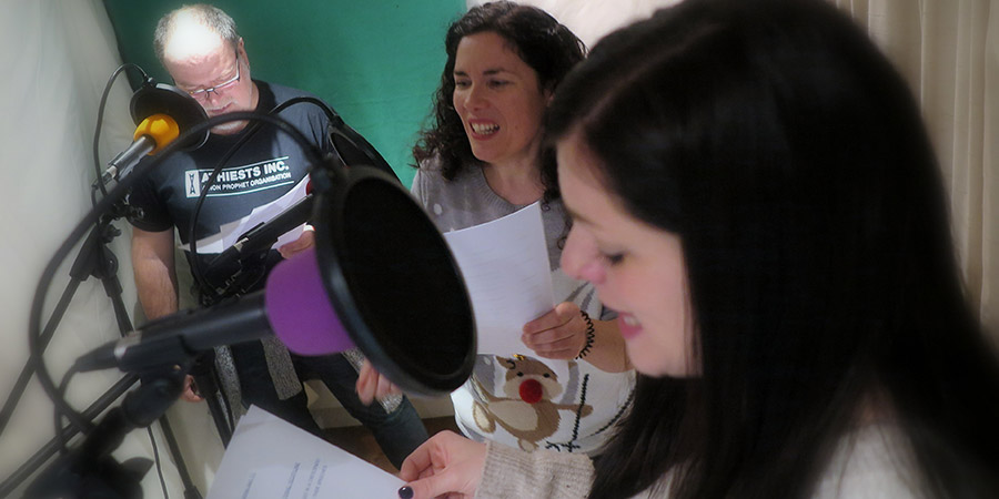 Release The Clowns Sketch Comedy Podcast. Image shows from L to R: Nick Hildred, Karen Morden, Amy Holmes. Copyright: Monika Marion. Release The Clowns Sketch Comedy Podcast. Image shows from L to R: Nick Hildred, Karen Morden, Amy Holmes. Copyright: Monika Marion.