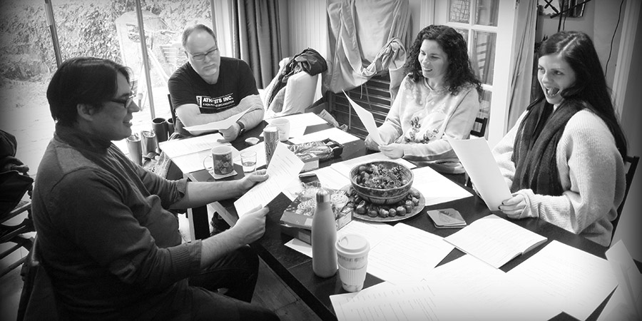 Release The Clowns Sketch Comedy Podcast. Image shows from L to R: Alex Marion, Nick Hildred, Karen Morden, Amy Holmes. Copyright: Monika Marion. Release The Clowns Sketch Comedy Podcast. Image shows from L to R: Alex Marion, Nick Hildred, Karen Morden, Amy Holmes. Copyright: Monika Marion.