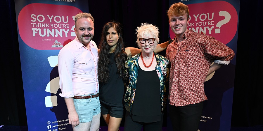 So You Think You're Funny? 2019. Image shows from L to R: Shane Daniel Byrne, Charlie George, Jenny Eclair, Finlay Christie. So You Think You're Funny? 2019. Image shows from L to R: Shane Daniel Byrne, Charlie George, Jenny Eclair, Finlay Christie.