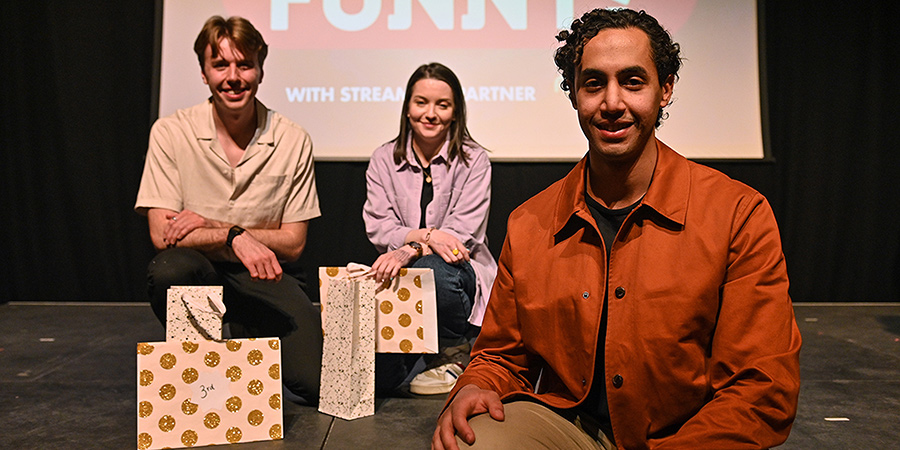 So You Think You're Funny? 2021. Image shows from L to R: Andy Watts, Rae Brogan, Omar Badawy. Copyright: Steve Ullathorne. So You Think You're Funny? 2021. Image shows from L to R: Andy Watts, Rae Brogan, Omar Badawy. Copyright: Steve Ullathorne.