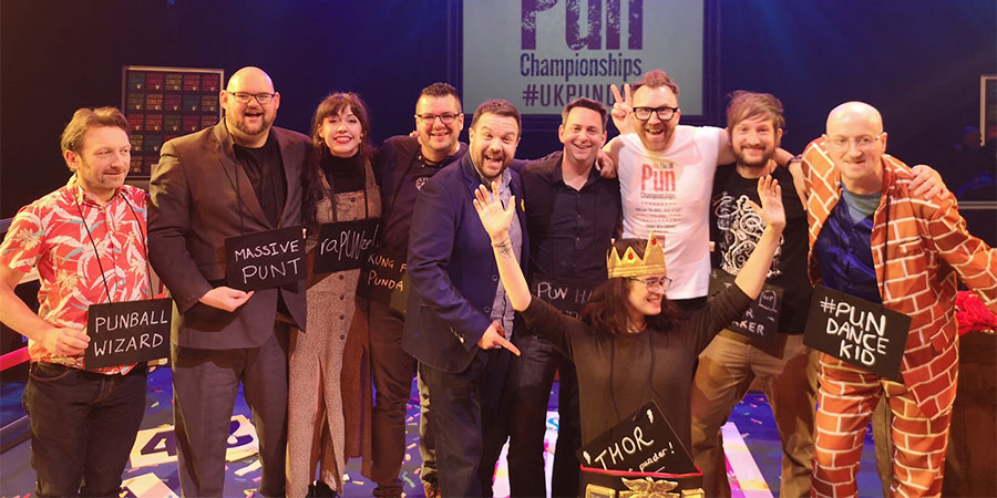 UK Pun Championships 2020. Image shows from L to R: Richard Pulsford, Chris Norton Walker, Kat Molinari, Iain MacDonald, Colin Leggo, Philip Simon, Jason Byrne, Adele Cliff, Richard Woolford, Stevie Vegas. UK Pun Championships 2020. Image shows from L to R: Richard Pulsford, Chris Norton Walker, Kat Molinari, Iain MacDonald, Colin Leggo, Philip Simon, Jason Byrne, Adele Cliff, Richard Woolford, Stevie Vegas.
