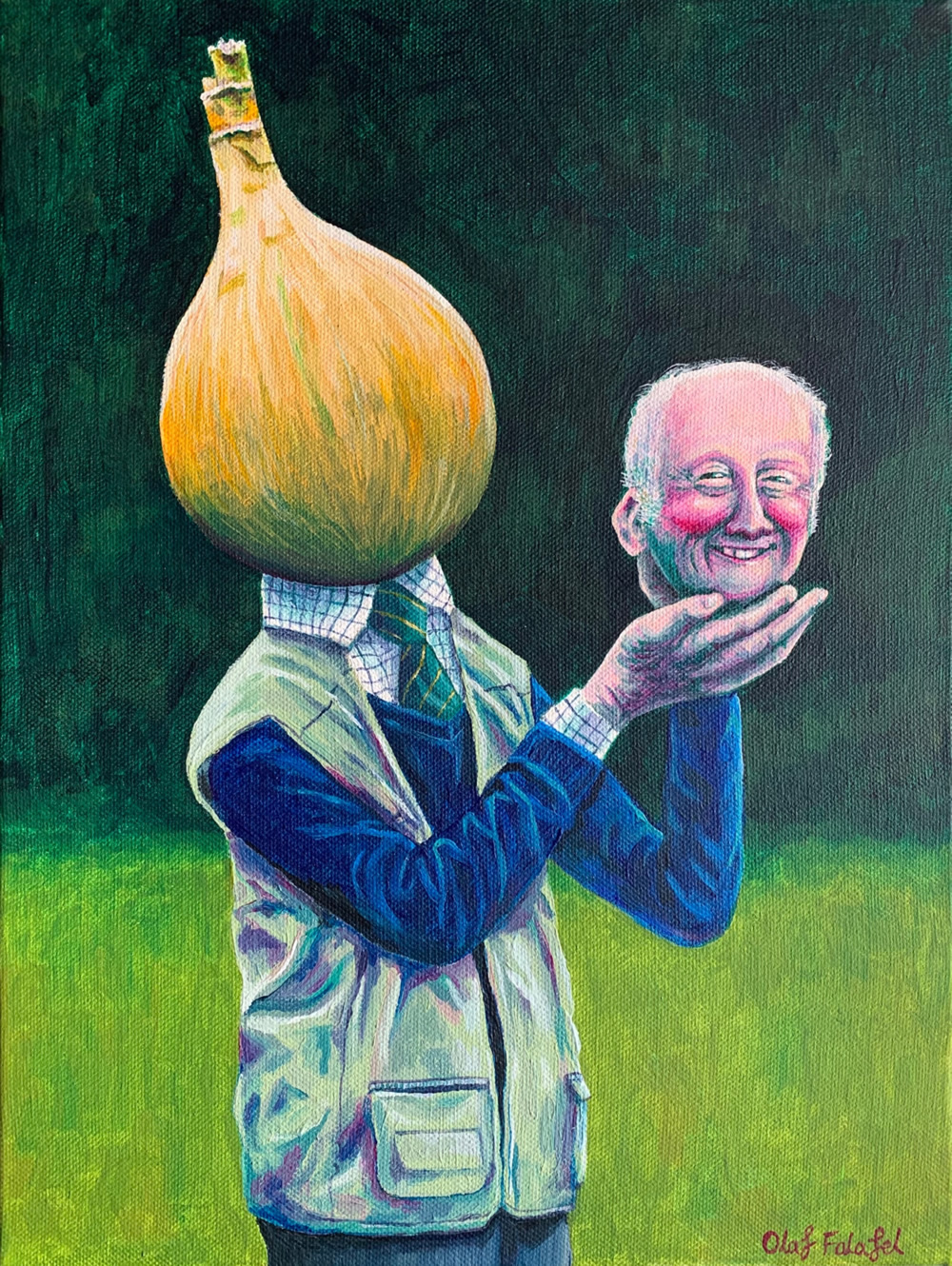 Olaf Falafel, Mr Onion and his Prize Winning Graham, Acrylic on Canvas, 40 x 30 cm, 2019. Copyright: Olaf Falafel. Olaf Falafel, Mr Onion and his Prize Winning Graham, Acrylic on Canvas, 40 x 30 cm, 2019. Copyright: Olaf Falafel.
