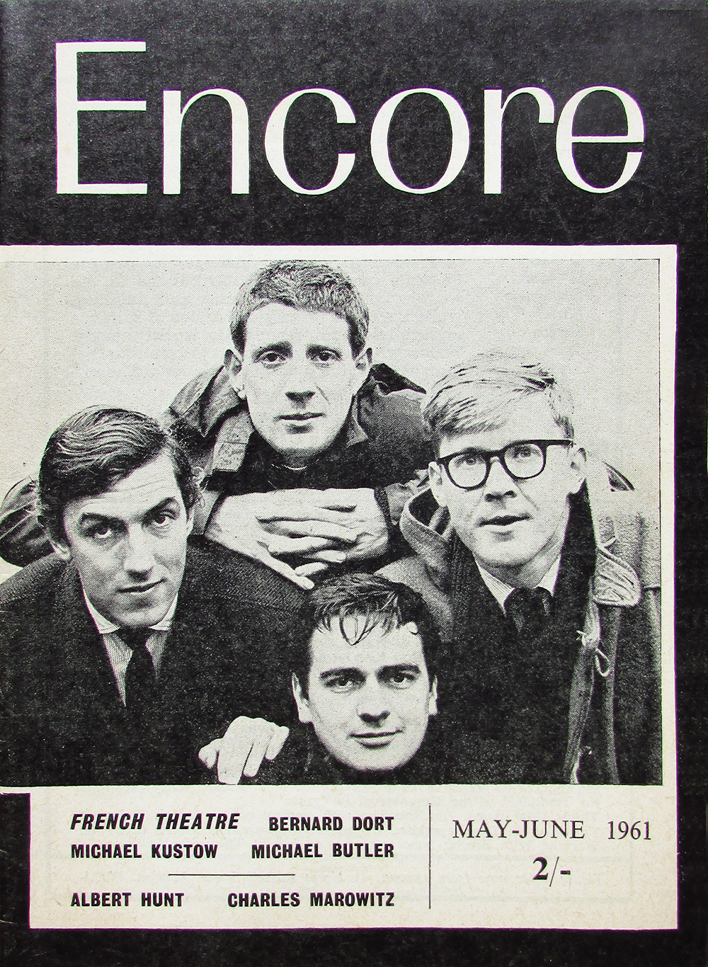 Encore magazine of May/June 1961, featuring Beyond The Fringe. Image shows from L to R: Peter Cook, Jonathan Miller, Dudley Moore, Alan Bennett. Encore magazine of May/June 1961, featuring Beyond The Fringe. Image shows from L to R: Peter Cook, Jonathan Miller, Dudley Moore, Alan Bennett.
