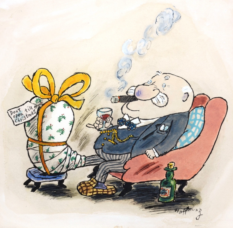 "Don't open till Christmas" colour cartoon by Gerard Hoffnung. Copyright: Gerard Hoffnung. "Don't open till Christmas" colour cartoon by Gerard Hoffnung. Copyright: Gerard Hoffnung.