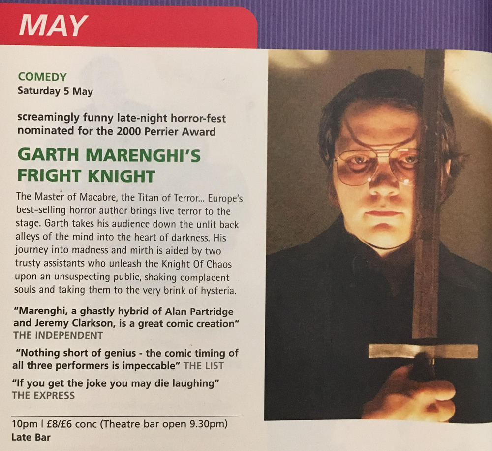Garth Marenghi's Fright Knight at Komedia Brighton - 5th May 2001. Matthew Holness. Copyright: Komedia Entertainment. Garth Marenghi's Fright Knight at Komedia Brighton - 5th May 2001. Matthew Holness. Copyright: Komedia Entertainment.