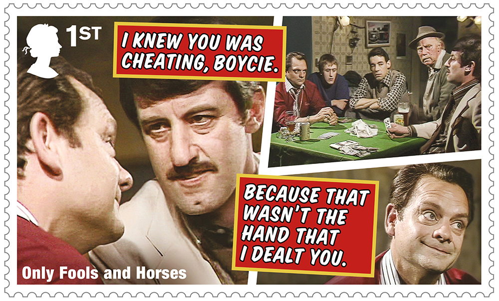 Only Fools And Horses stamp - I knew you was cheating, Boycie... because that wasn't the hand that I dealt you. Only Fools And Horses stamp - I knew you was cheating, Boycie... because that wasn't the hand that I dealt you.