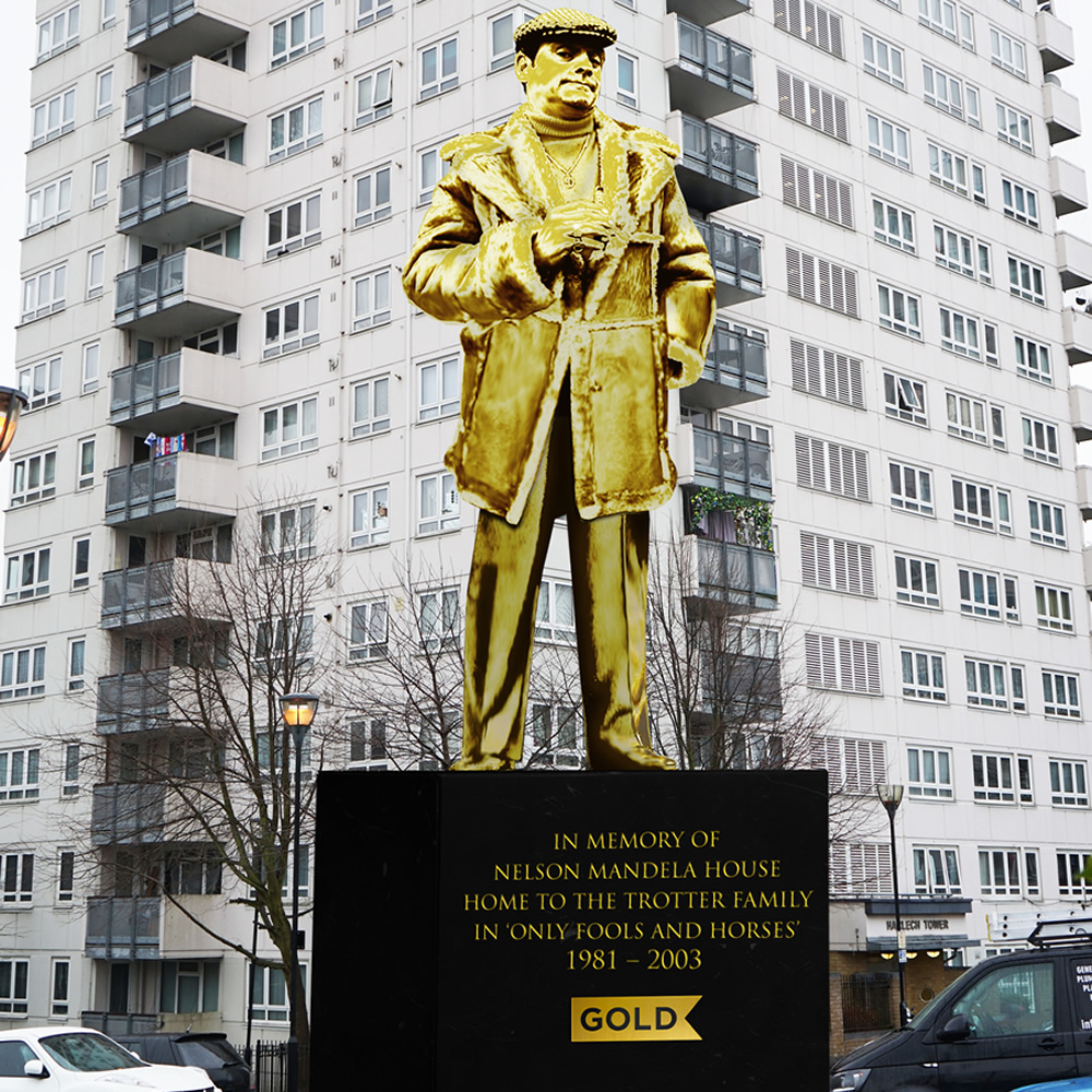 Mock-up of a statue of Del Boy. Copyright: UKTV. Mock-up of a statue of Del Boy. Copyright: UKTV.