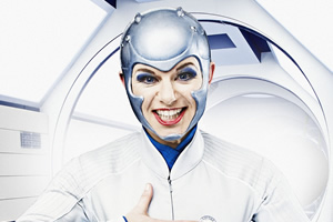 Hyperdrive. Pilot Sandstrom (Petra Massey). Copyright: BBC. Hyperdrive. Pilot Sandstrom (Petra Massey). Copyright: BBC.