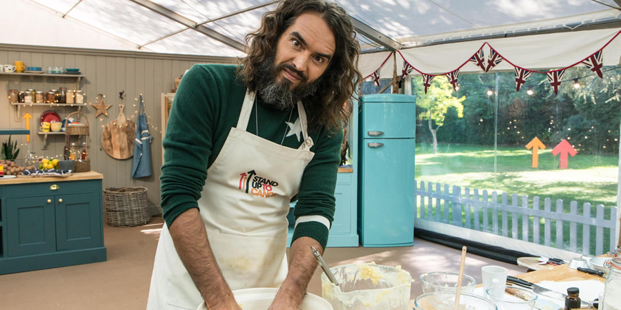 The Great Celebrity Bake Off for Stand Up to Cancer 2019. Russell Brand. Copyright: Channel 4 Television Corporation. The Great Celebrity Bake Off for Stand Up to Cancer 2019. Russell Brand. Copyright: Channel 4 Television Corporation.