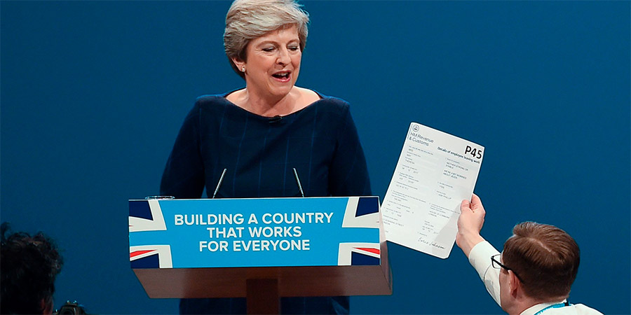 Image shows from L to R: Theresa May, Simon Brodkin. Image shows from L to R: Theresa May, Simon Brodkin.