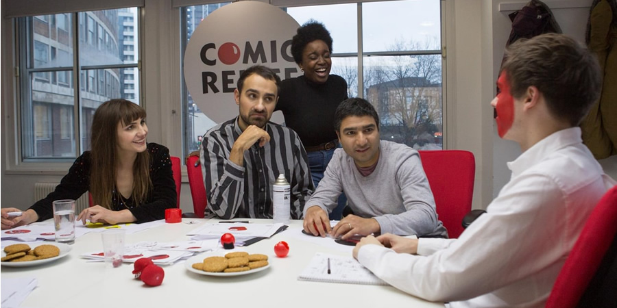 Comic Relief Originals: The Designers. Image shows from L to R: Natasia Demetriou, Jamie Demetriou, Lolly Adefope, Nick Mohammed, Rhys James. Copyright: Comic Relief. Comic Relief Originals: The Designers. Image shows from L to R: Natasia Demetriou, Jamie Demetriou, Lolly Adefope, Nick Mohammed, Rhys James. Copyright: Comic Relief.